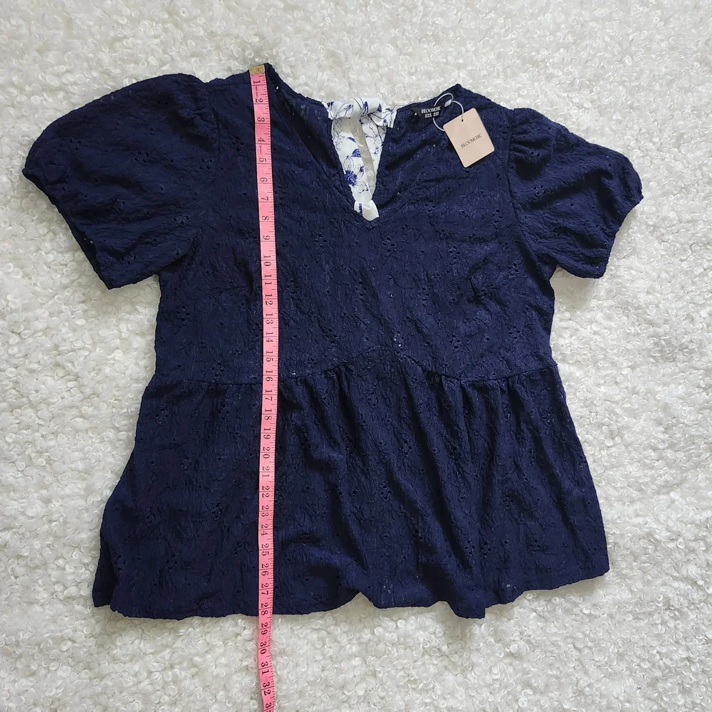 BNWT Bloomchic Navy Back Tie Bow Lace Peplum Top 14‑16 Romantic Boho - Picture 10 of 13